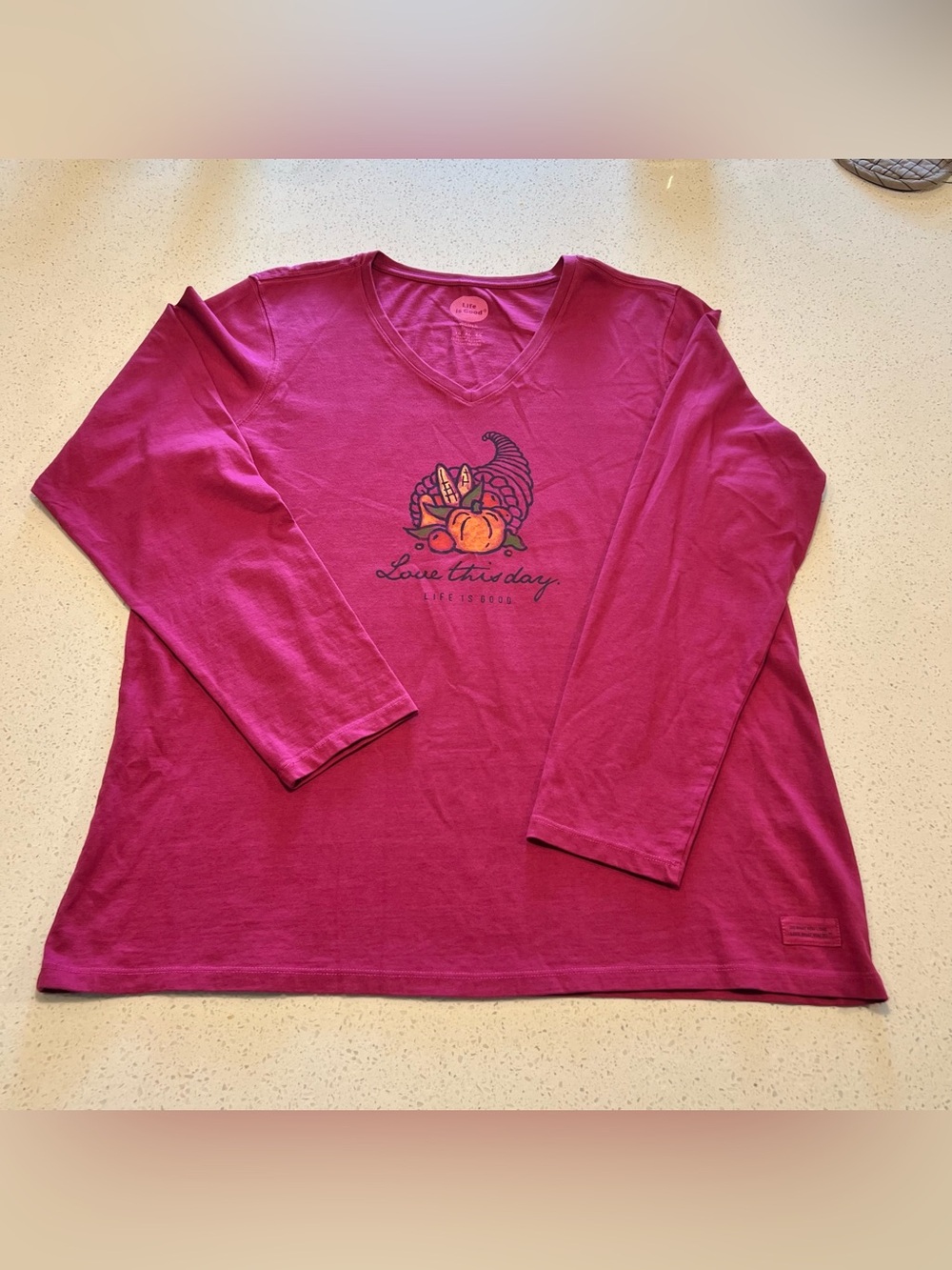 Life is Good XL Long Sleeve V-Neck Graphic T Pink Thanksgiving Cornucopia